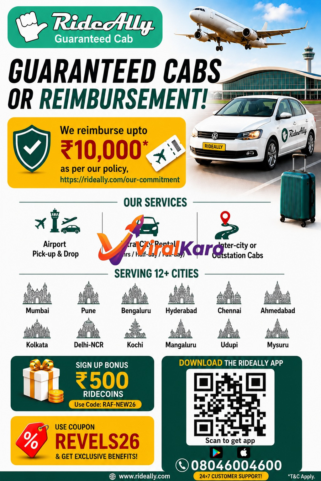 An advertisement for RideAlly Guaranteed Cab services, featuring a white sedan with the RideAlly logo, an airplane in the sky, and an airport terminal. The ad highlights guaranteed cabs or up to ₹10,000 reimbursement, services like airport pick-up/drop, intra-city rentals, and inter-city cabs, available in over 12 cities including Mumbai, Bengaluru, and Delhi-NCR. It also promotes a ₹500 sign-up bonus and coupon 'REVELS26', with a QR code to download the app and customer support number.