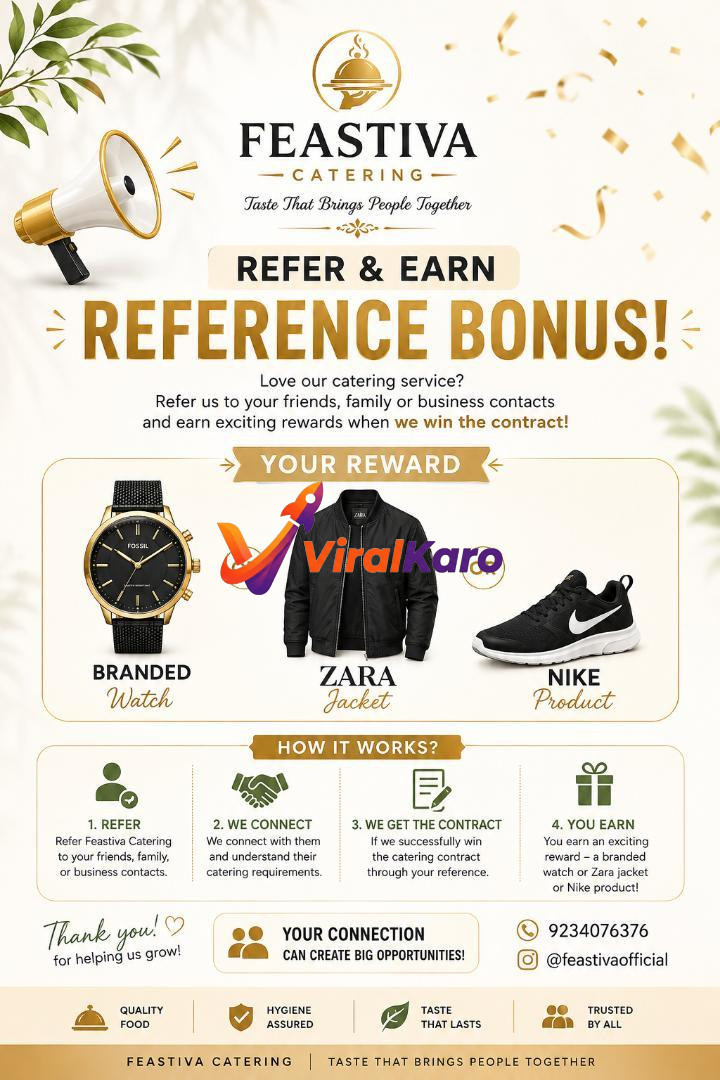 Feastiva Catering Refer and Earn promotional poster showing rewards like a Fossil watch, Zara jacket, and Nike shoe with contact information.
