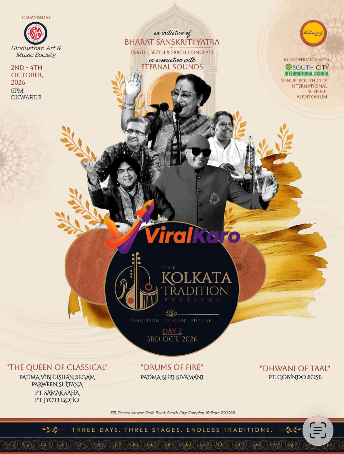 Event poster for The Kolkata Tradition Festival featuring portraits of musicians Begum Parween Sultana and Sivamani with event details.