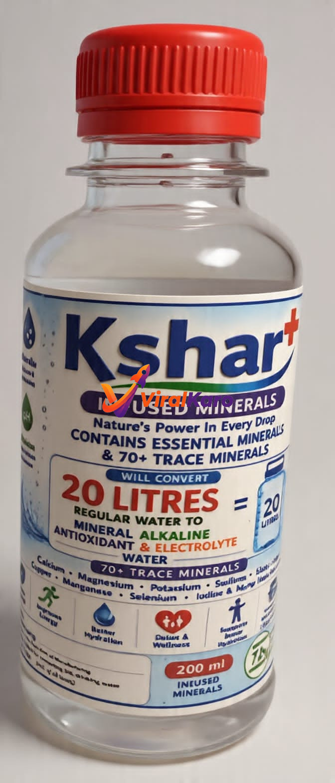 A 200ml bottle of Kshar+ mineral infusion concentrate against a plain white background, highlighting its ability to turn 20 litres of water into alkaline mineral water.