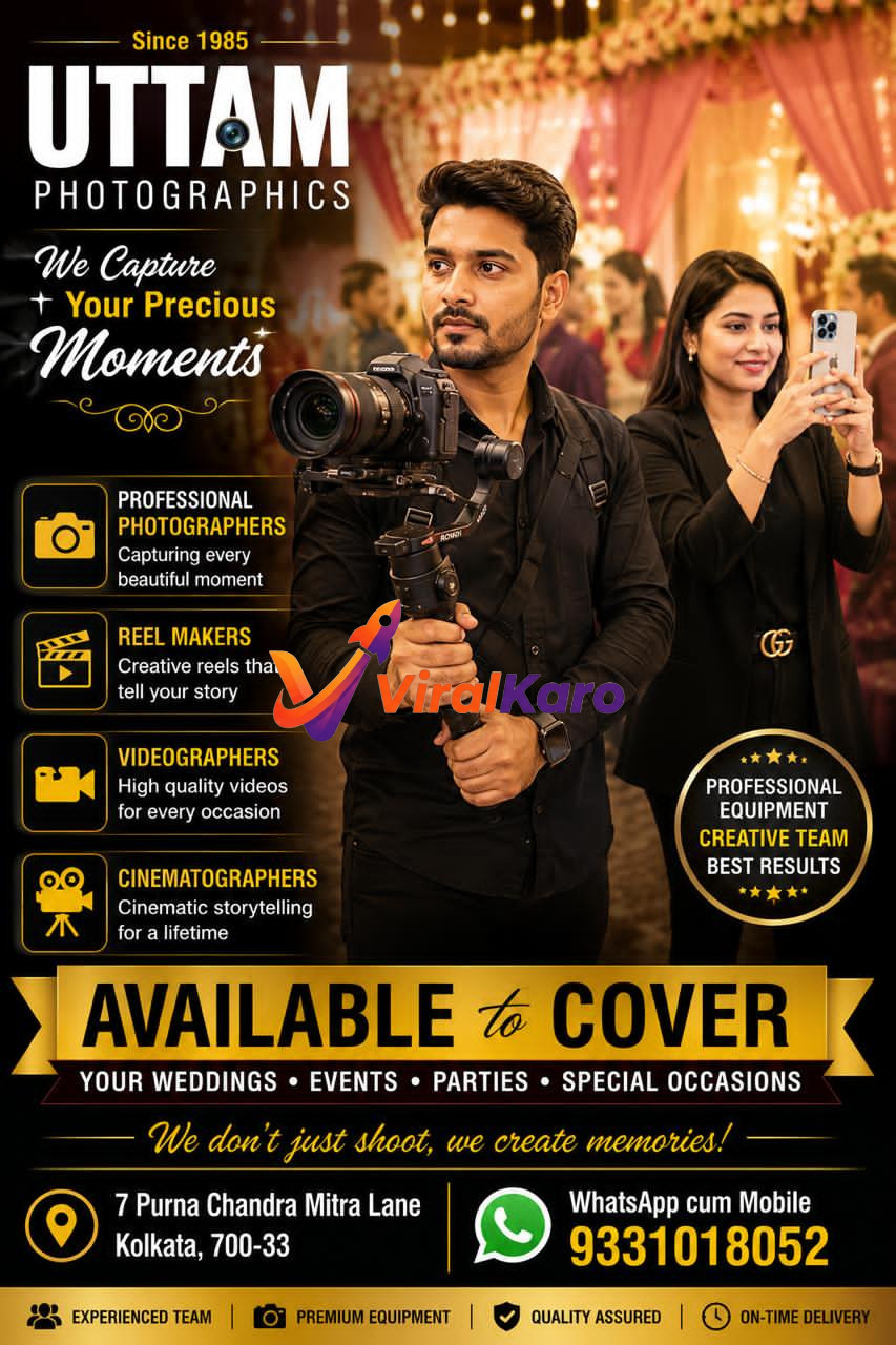 A professional photographer from Uttam Photographics holding a camera on a stabilizer with a female assistant, advertising wedding and event photography services in Kolkata.