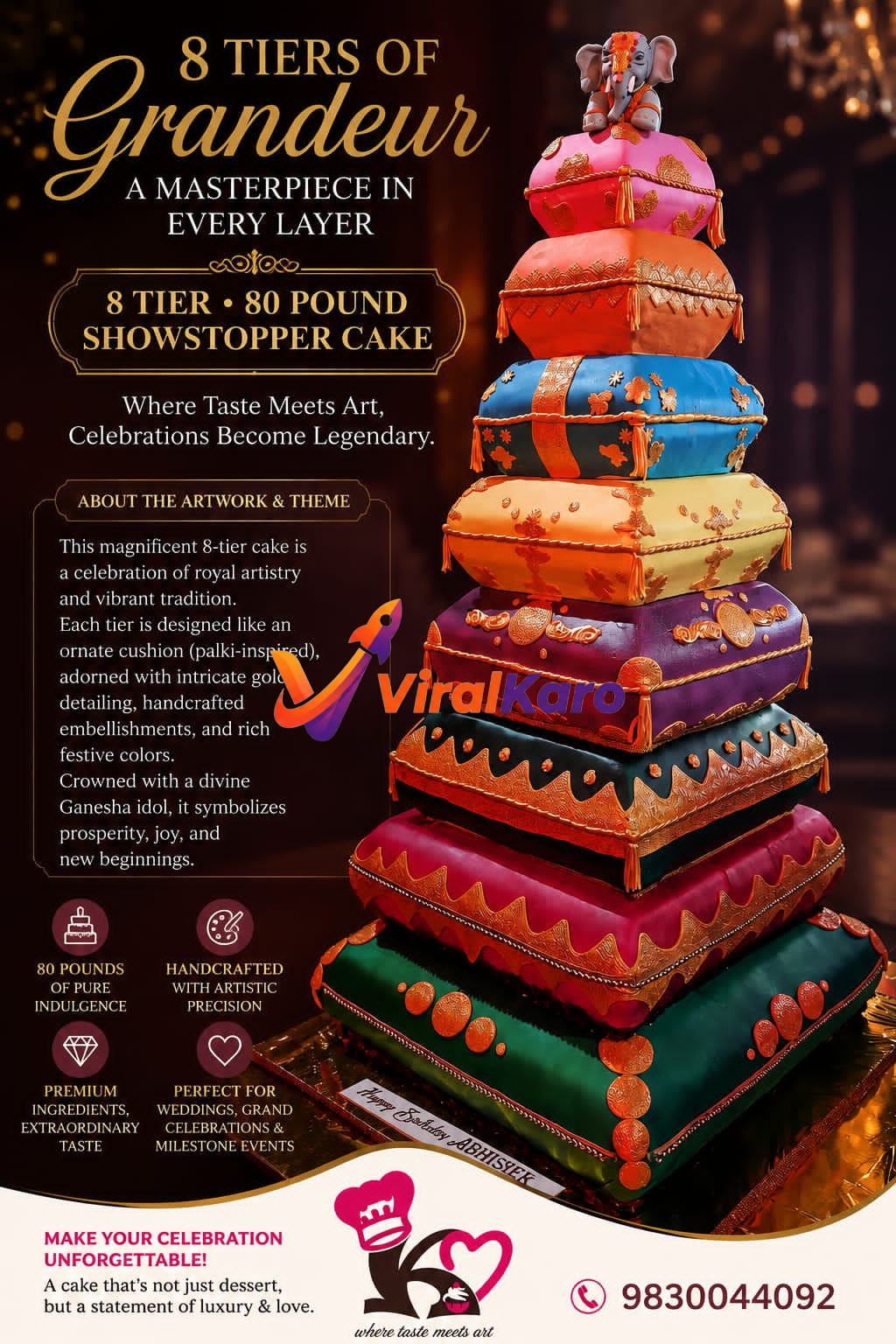 An extravagant 8-tier showstopper cake with each layer designed like a colorful, ornate cushion with gold embellishments and topped with a Ganesha idol.