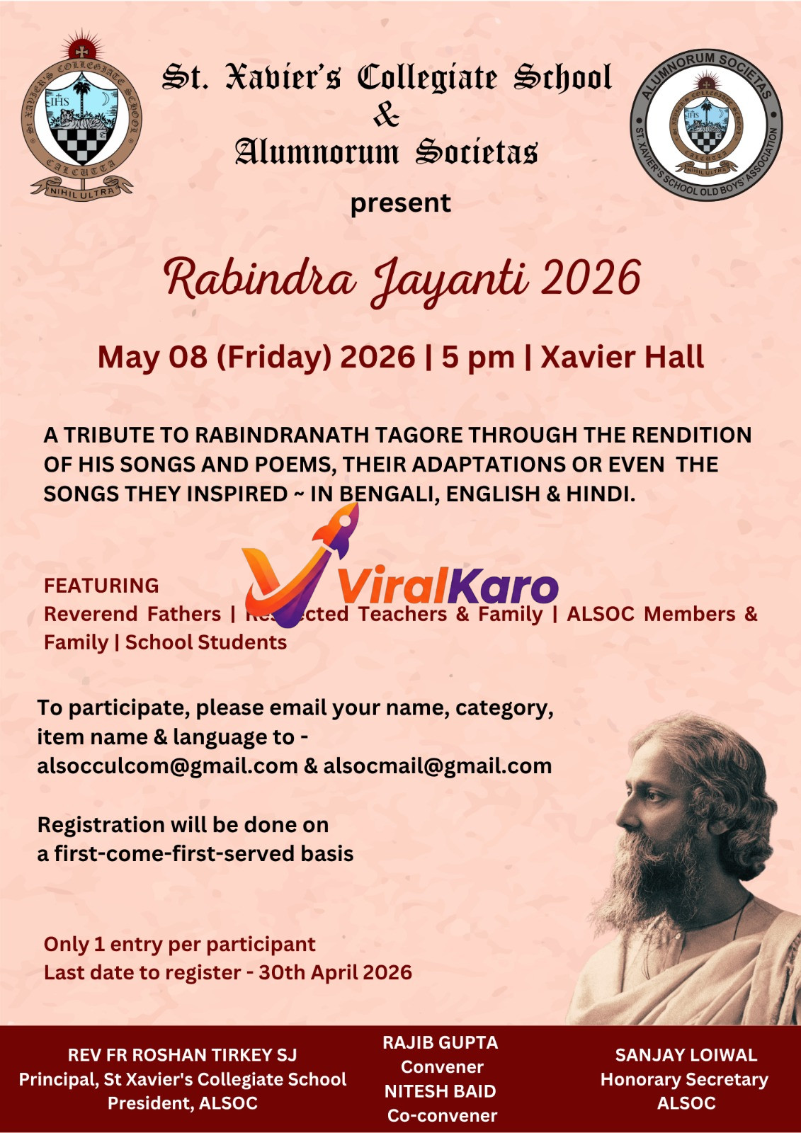 Poster for Rabindra Jayanti 2026 event hosted by St. Xavier's Collegiate School and Alumnorum Societas. The poster features a black and white illustration of Rabindranath Tagore on the bottom right, with event details: May 08, 2026, 5 PM at Xavier Hall, a tribute through songs and poems in Bengali, English, and Hindi. It also includes participation details and contact emails.