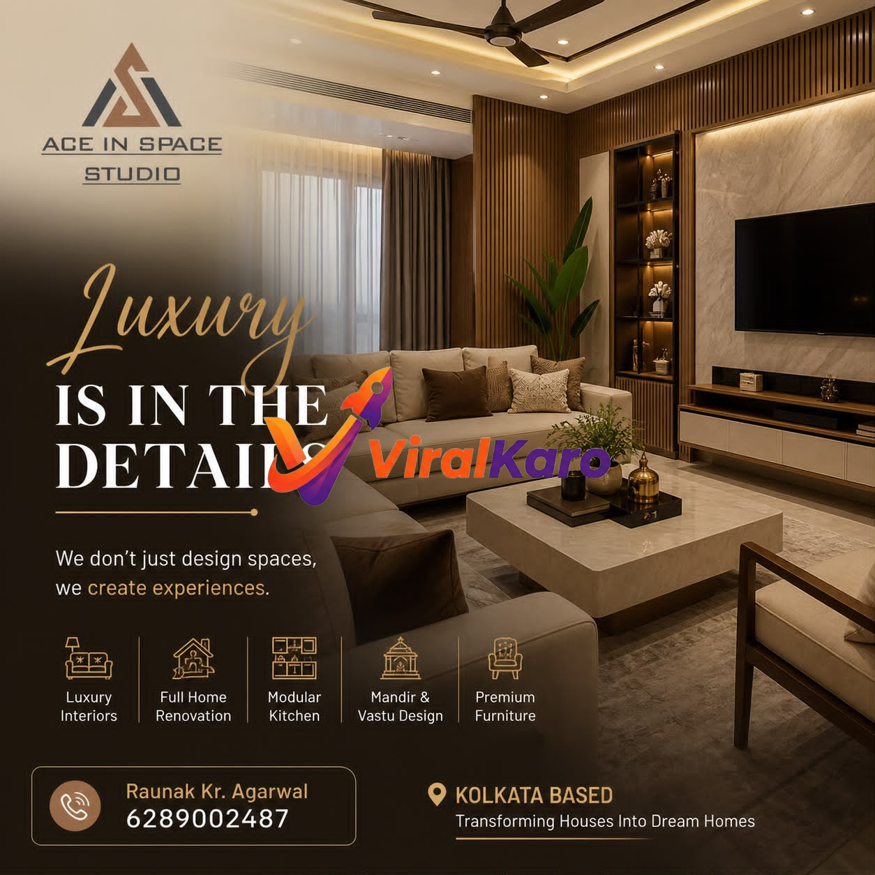 Modern luxury living room interior design by Ace in Space Studio, featuring warm wood paneling, elegant sofa set, and minimalist decor in Kolkata.