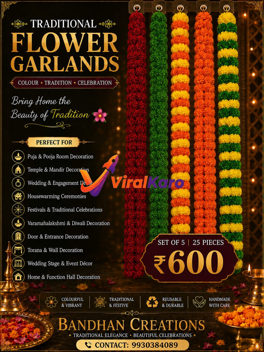 A set of five colorful, artificial traditional flower garlands hanging against a dark background with decorative lighting and a price tag of 600 rupees.
