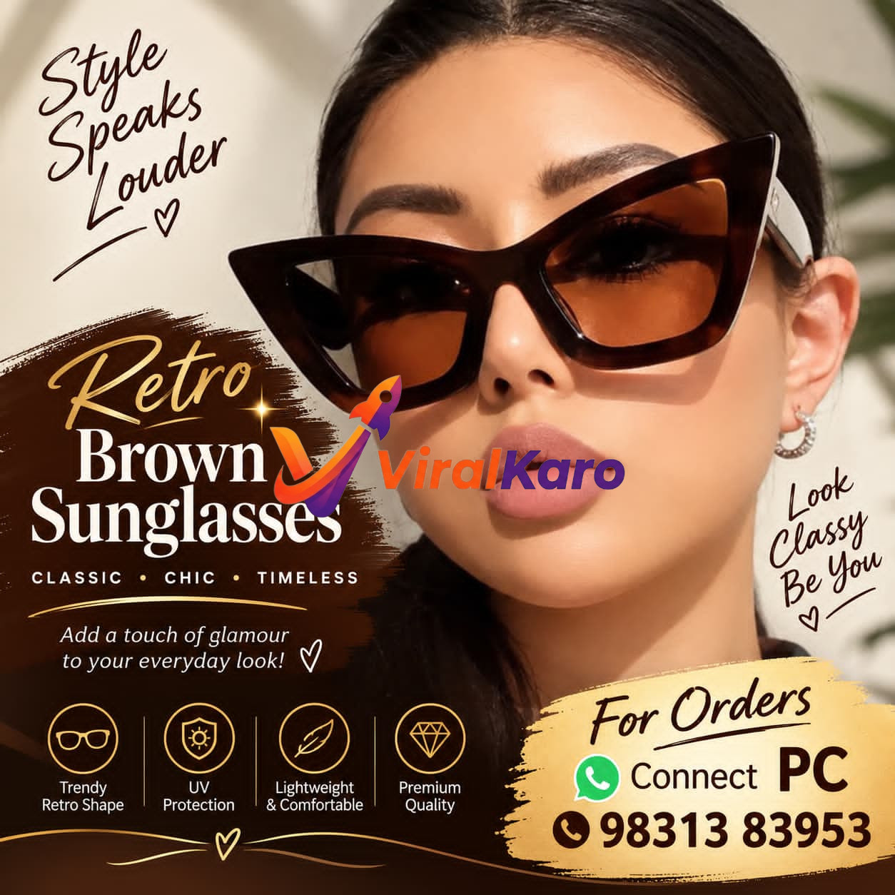 A woman wearing stylish oversized retro brown sunglasses, featuring a chic and timeless design perfect for fashion enthusiasts.