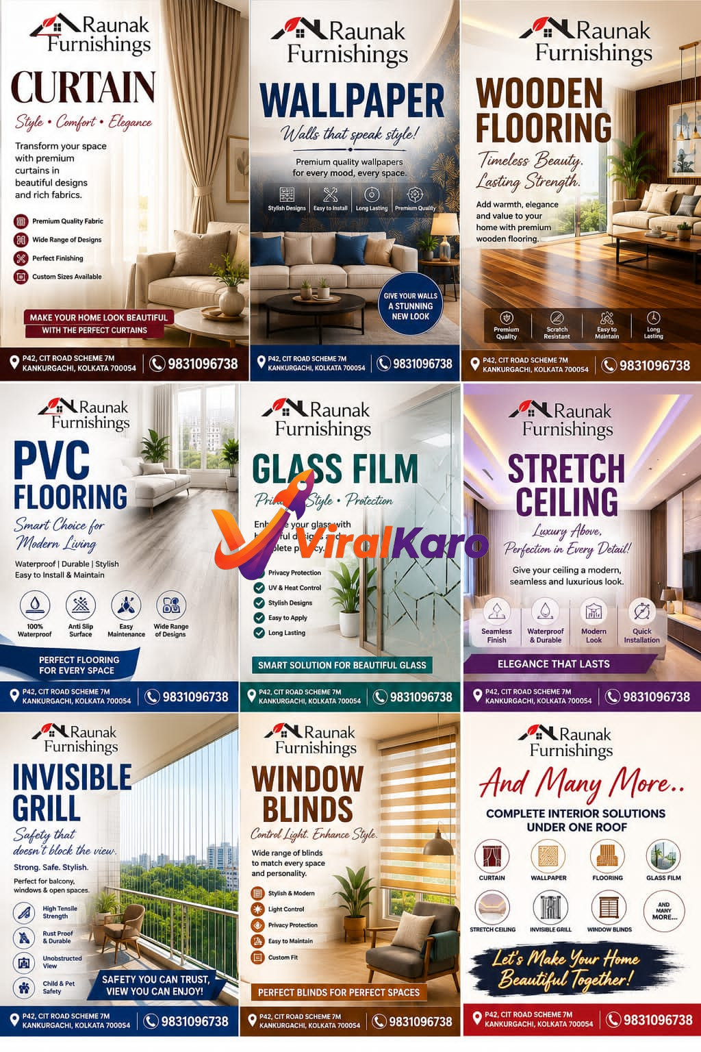 A collage of interior design options by Raunak Furnishings featuring curtains, wallpapers, flooring, glass film, stretch ceilings, invisible grills, and blinds.