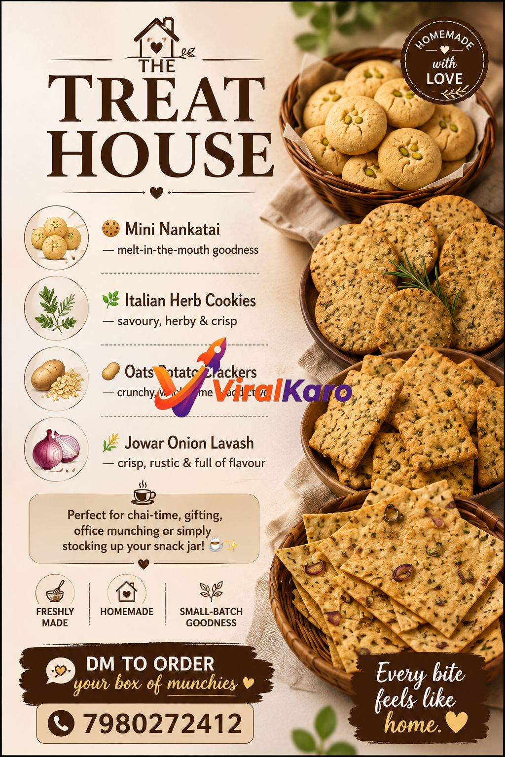 A variety of homemade snacks from The Treat House including Mini Nankatai, Italian Herb Cookies, Oats Potato Crackers, and Jowar Onion Lavash in wooden baskets.