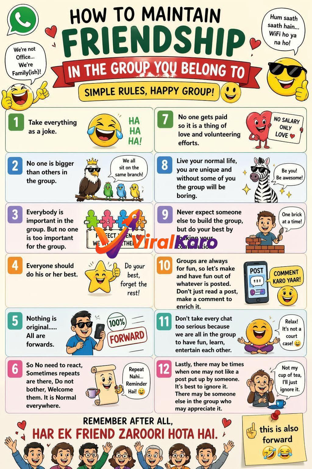 An infographic illustrating 'How to Maintain Friendship in the Group You Belong To' with 12 simple rules for a happy group. The rules are numbered and include colorful cartoon illustrations, emojis, and text. Examples include 'Take everything as a joke' with a laughing emoji, 'No one is bigger than others' with an eagle and small birds, 'Everybody is important' with puzzle pieces, 'Everyone should do his or her best' with a star, 'Nothing is original... All are forwards' with a person forwarding, 'No need to react, Sometimes repeats are there' with a scroll. Other rules cover volunteering, uniqueness, contributing, commenting, not taking chats too seriously, and ignoring posts you don't like. The bottom text reads 'REMEMBER AFTER ALL, HAR EK FRIEND ZAROORI HOTA HAI.' with people waving. A final note says 'this is also forward' with laughing emojis.