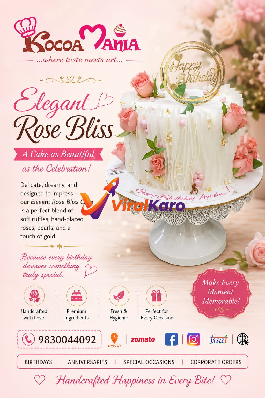 A beautifully decorated Kocoamania Elegant Rose Bliss birthday cake on a white ornate cake stand. The multi-layered white cake is adorned with delicate pink roses, edible white pearls, gold flakes, and ruffled frosting. A gold 'Happy Birthday' topper sits on top, and 'Happy Birthday Ayesha!' is written in pink script on the cake board. The background features soft pink blurs and lights, enhancing the cake's elegance. Ideal for special occasions and celebrations.