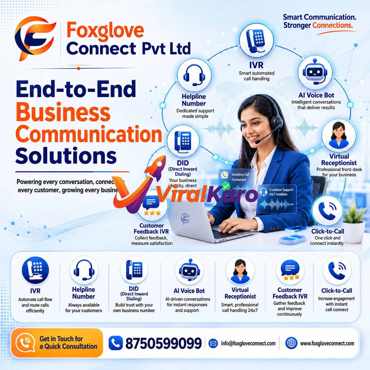 Foxglove Connect Pvt Ltd business communication services showing IVR, AI voice bots, and virtual receptionist options for enterprises.