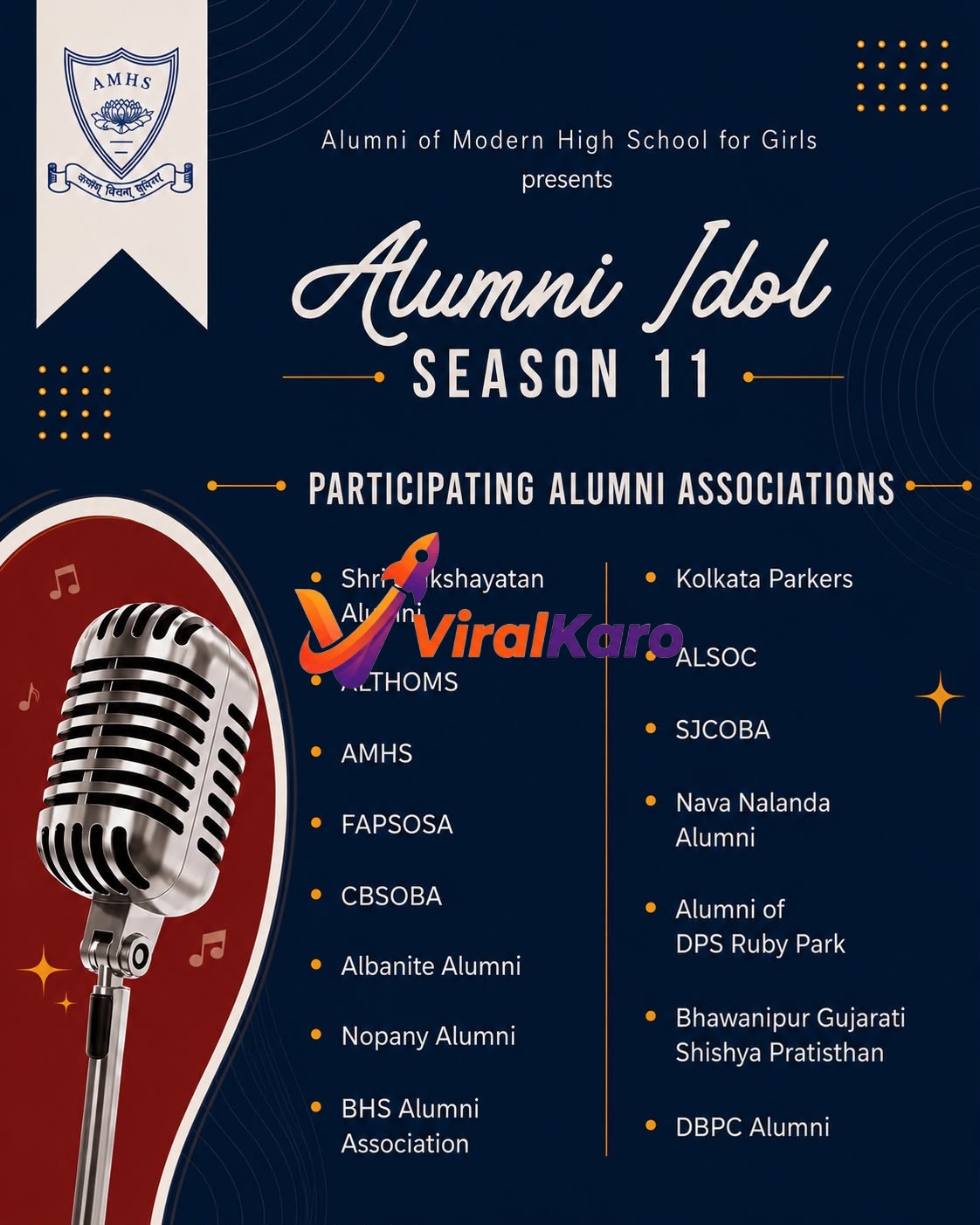 Event poster for Alumni Idol Season 11 presented by the Modern High School for Girls, featuring a vintage microphone graphic and a list of participating alumni associations.