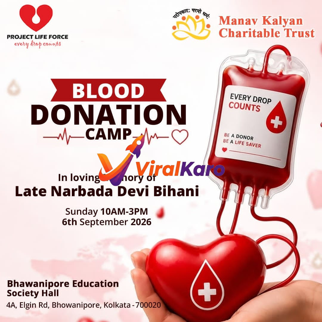 Blood donation camp flyer with a blood bag and heart graphic, organized by Manav Kalyan Charitable Trust in Kolkata.