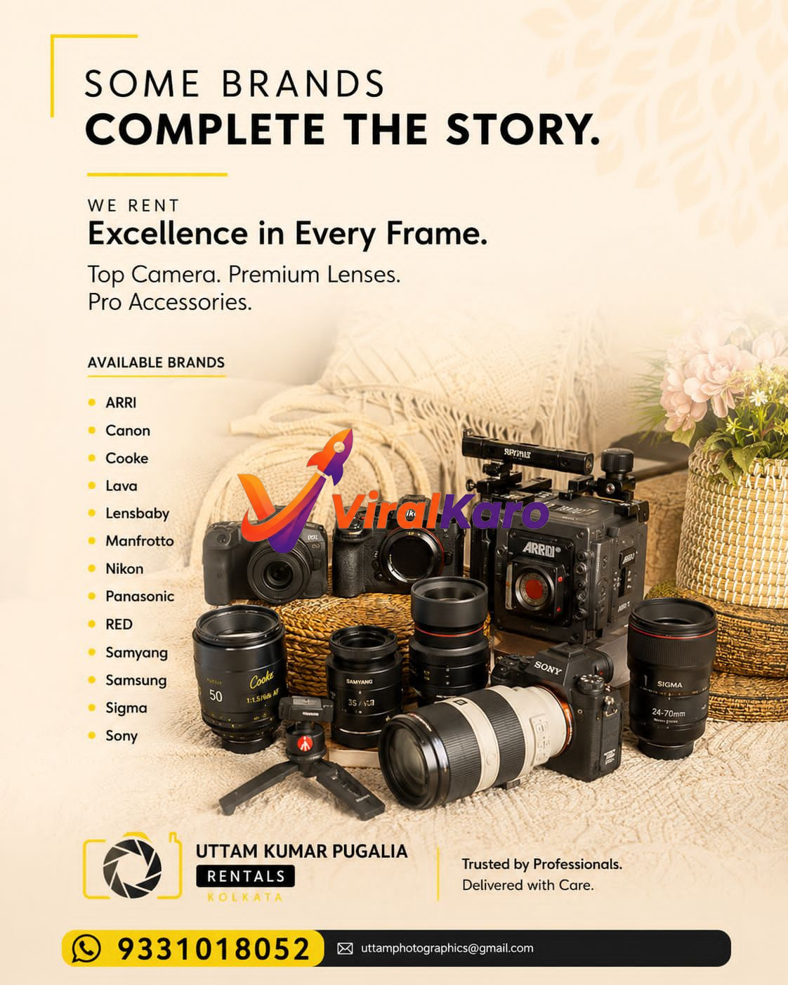 A high-quality collection of professional cinema cameras, lenses, and tripods from brands like ARRI, Sony, and Sigma arranged on a textured surface, representing premium camera rental services in Kolkata by Uttam Kumar Pugalia.