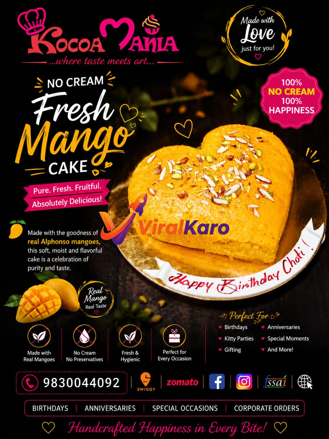 Heart-shaped No Cream Fresh Mango Cake by Kocoa Mania, garnished with nuts on a golden plate. Features real Alphonso mangoes, pure, fresh, hygienic, and no preservatives, perfect for celebrations like birthdays and anniversaries. Includes Kocoa Mania logo, contact number 9830044092, and delivery platforms Swiggy and Zomato.