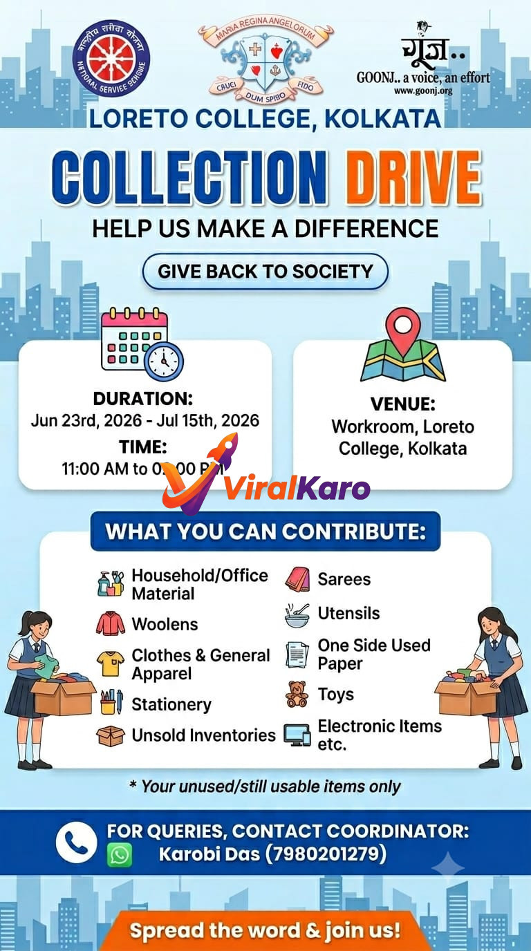 Flyer for a collection drive at Loreto College Kolkata in partnership with Goonj, detailing contribution categories and event dates.
