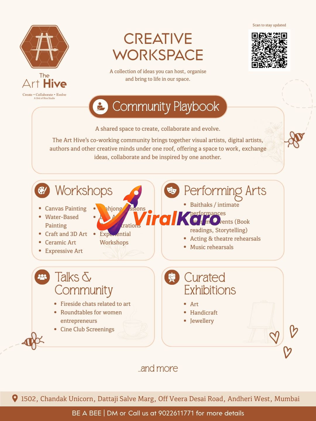 Flyer for The Art Hive in Mumbai showing creative services like painting workshops, performing arts, and community talks at 1502, Chandak Unicorn.
