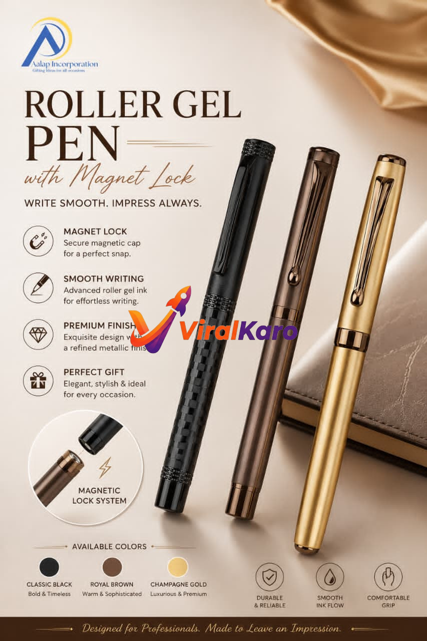 Three premium roller gel pens by Aalap Incorporation in black, brown, and gold colors, showcasing the magnetic lock system and elegant design.