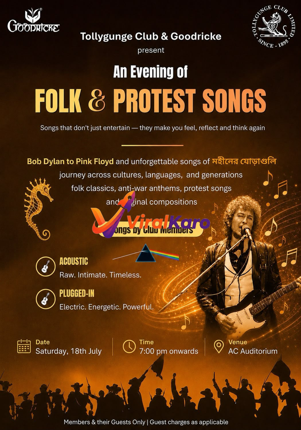 Event poster titled An Evening of Folk & Protest Songs at Tollygunge Club featuring a guitar player and silhouettes of a crowd.
