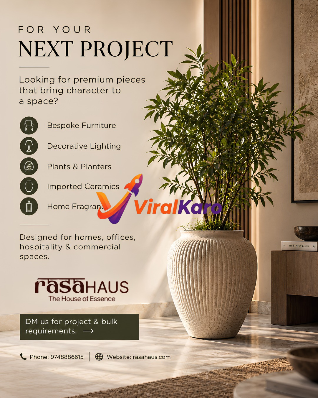 Interior design advertisement from Rasa Haus featuring a large green indoor plant in a textured cream ceramic planter, highlighting bespoke furniture and decor services.
