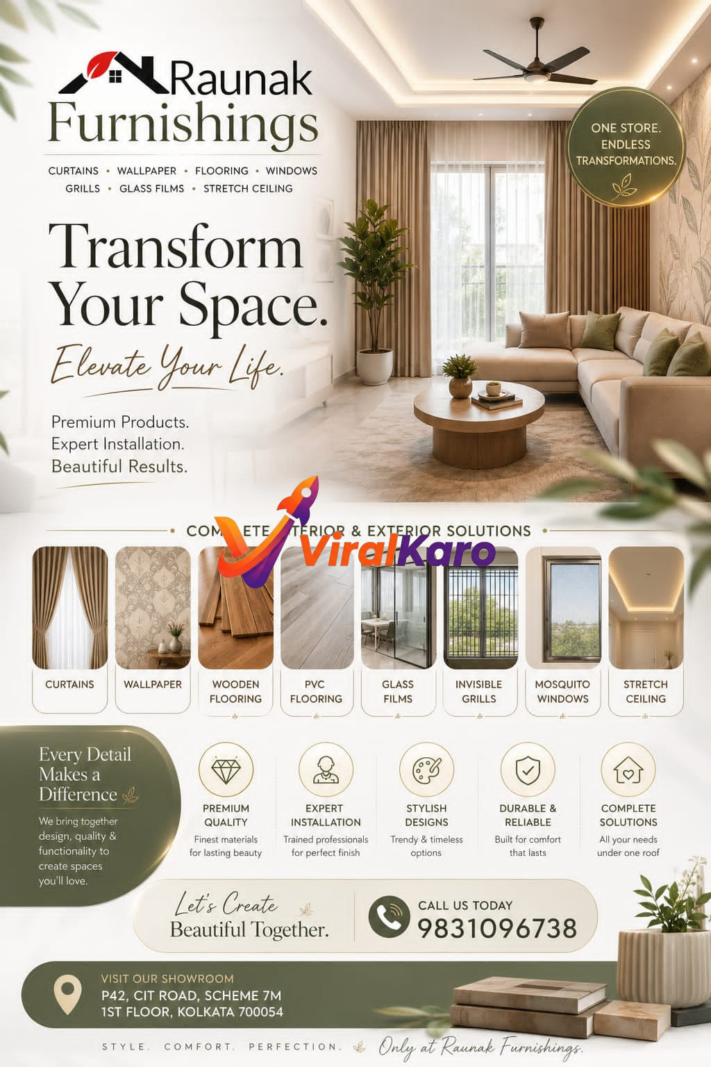 Raunak Furnishings interior design advertisement featuring a luxury living room, list of services like curtains, wallpaper, flooring, and address in Kolkata.