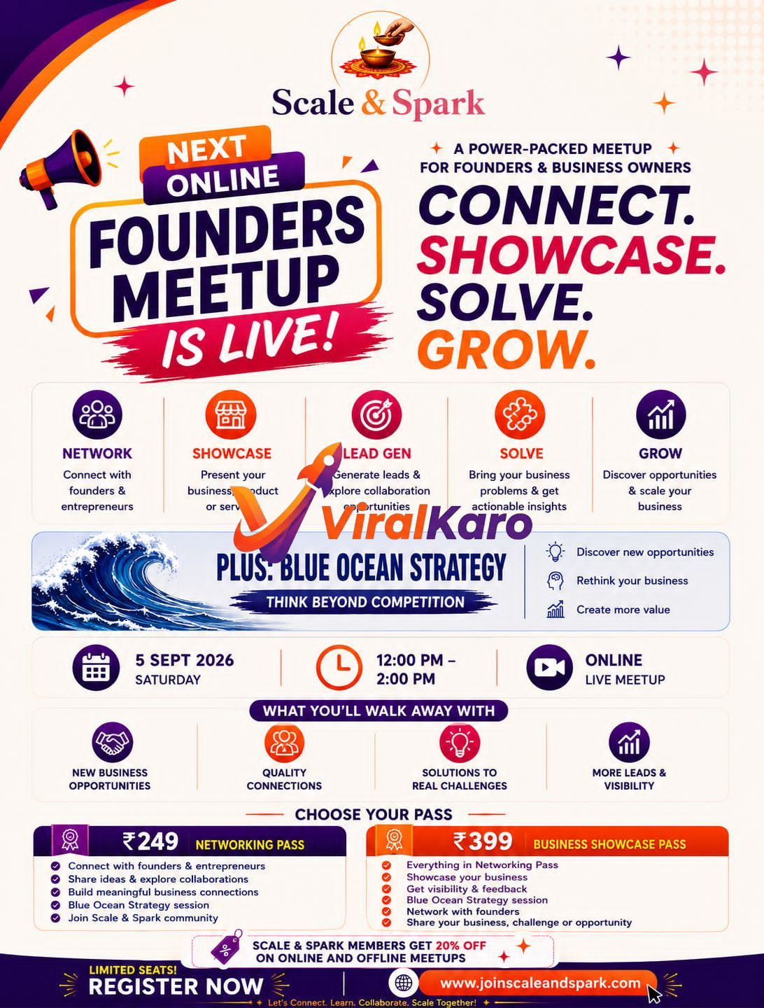 Flyer for Scale & Spark Online Founders Meetup happening on September 5, 2026, featuring details on networking, business showcases, and Blue Ocean Strategy.
