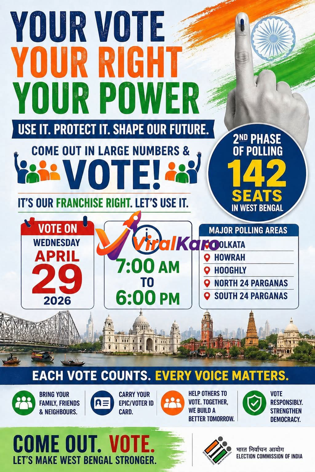 An election awareness poster for the 2nd phase of polling in West Bengal, India, scheduled for April 29, 2026. The poster features a hand with an inked finger, representing voting, against a backdrop of the Indian flag colors. Key details include 'YOUR VOTE YOUR RIGHT YOUR POWER', election date (April 29, 2026), time (7 AM to 6 PM), and major polling areas like Kolkata, Howrah, Hooghly, North 24 Parganas, and South 24 Parganas. The bottom section displays iconic West Bengal landmarks like the Howrah Bridge and Victoria Memorial. The poster encourages citizens to 'COME OUT. VOTE.' and strengthens democracy, issued by the Election Commission of India.