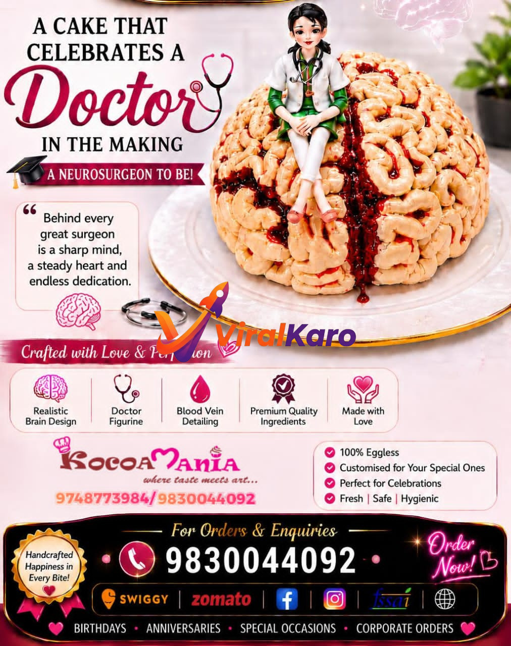 A vibrant promotional image for Kocoa Mania showcasing a highly detailed, realistic brain-shaped cake adorned with a small doctor figurine, celebrating a 'Doctor in the Making' or a neurosurgeon. The cake features intricate blood vein detailing, a stethoscope, and a graduation cap, highlighting its custom design for medical professionals. The ad also lists features like 100% eggless, premium ingredients, and contact details for orders.