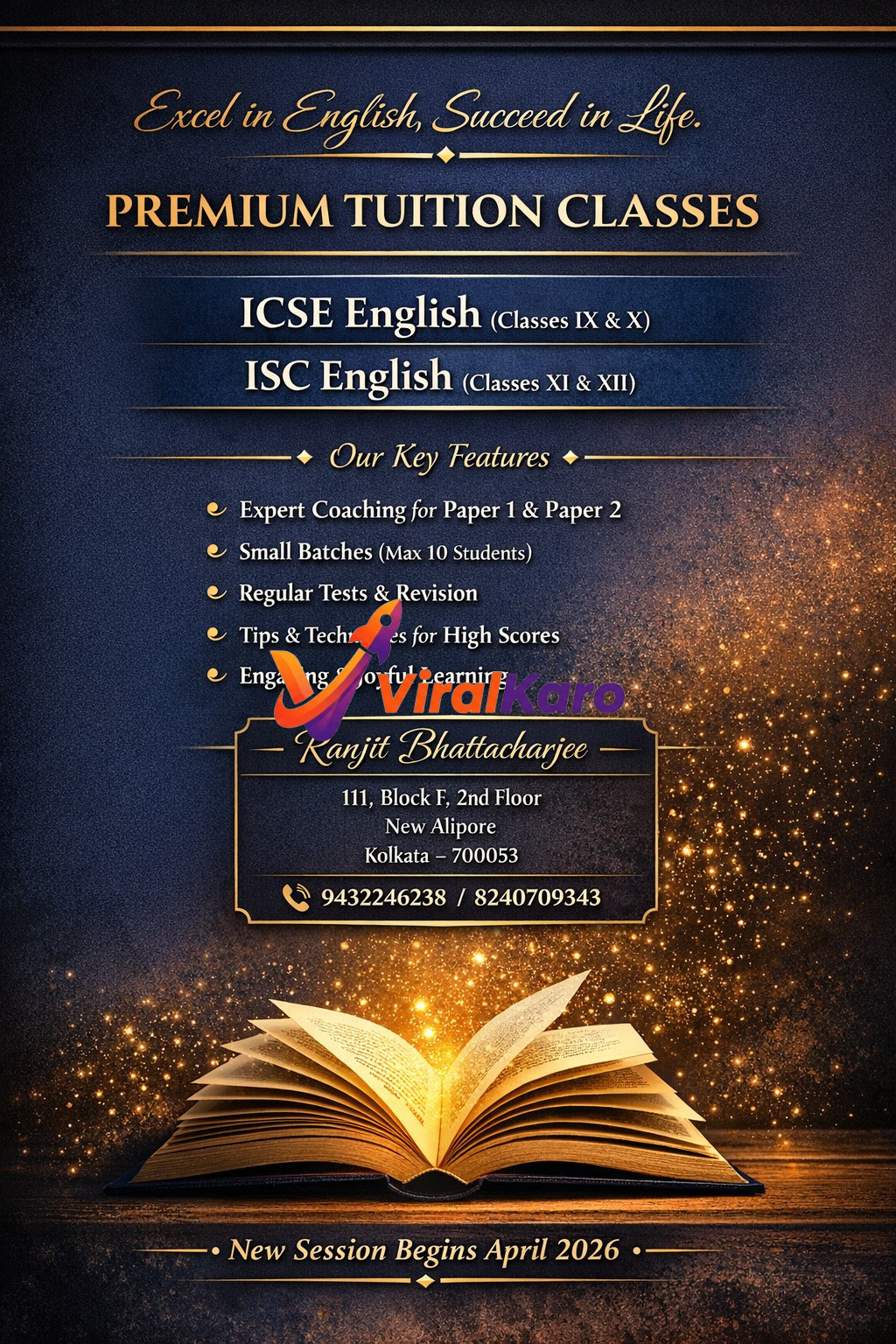 Flyer for Kanjit Bhattacharjee's English tuition classes for ICSE and ISC students in New Alipore, Kolkata, featuring a glowing open book graphic.