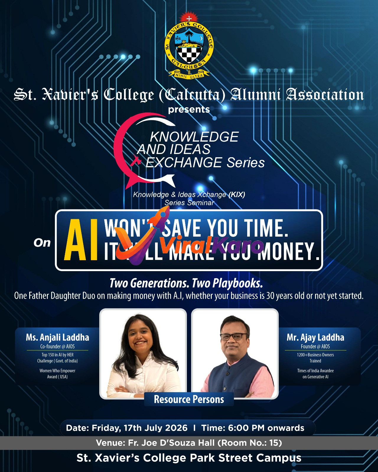 Event poster for AI seminar at St. Xavier's College Kolkata, featuring speakers Ajay and Anjali Laddha, titled AI Won't Save You Time, It Will Make You Money.