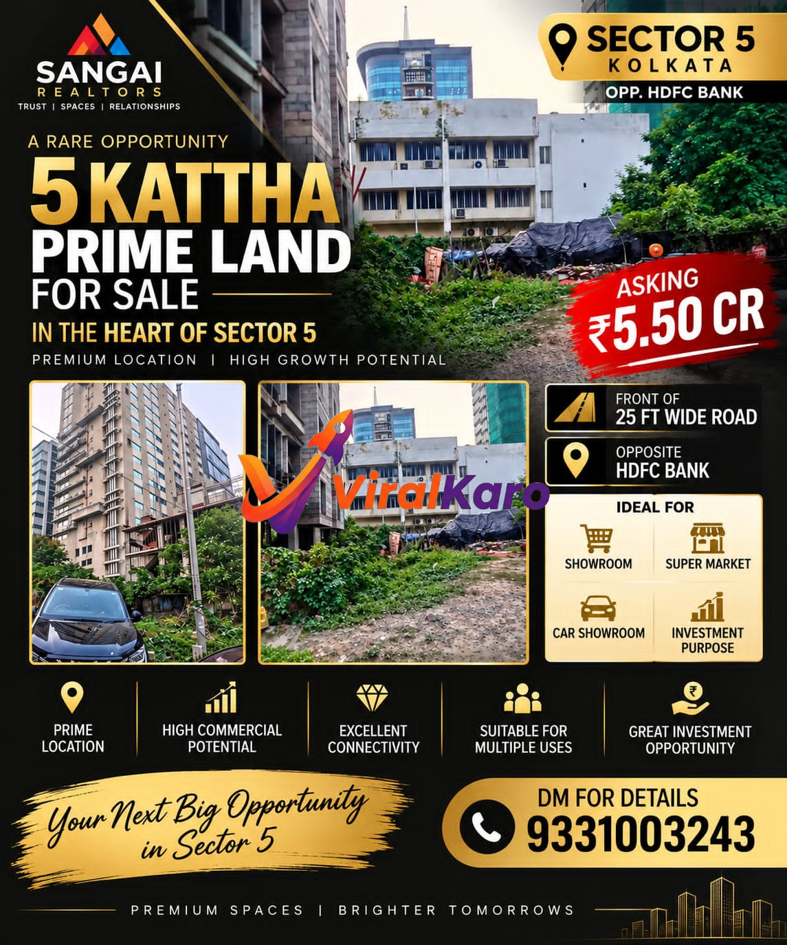 A promotional flyer for 5 Kattha of commercial land for sale by Sangai Realtors, located in Sector 5, Kolkata, opposite HDFC Bank.