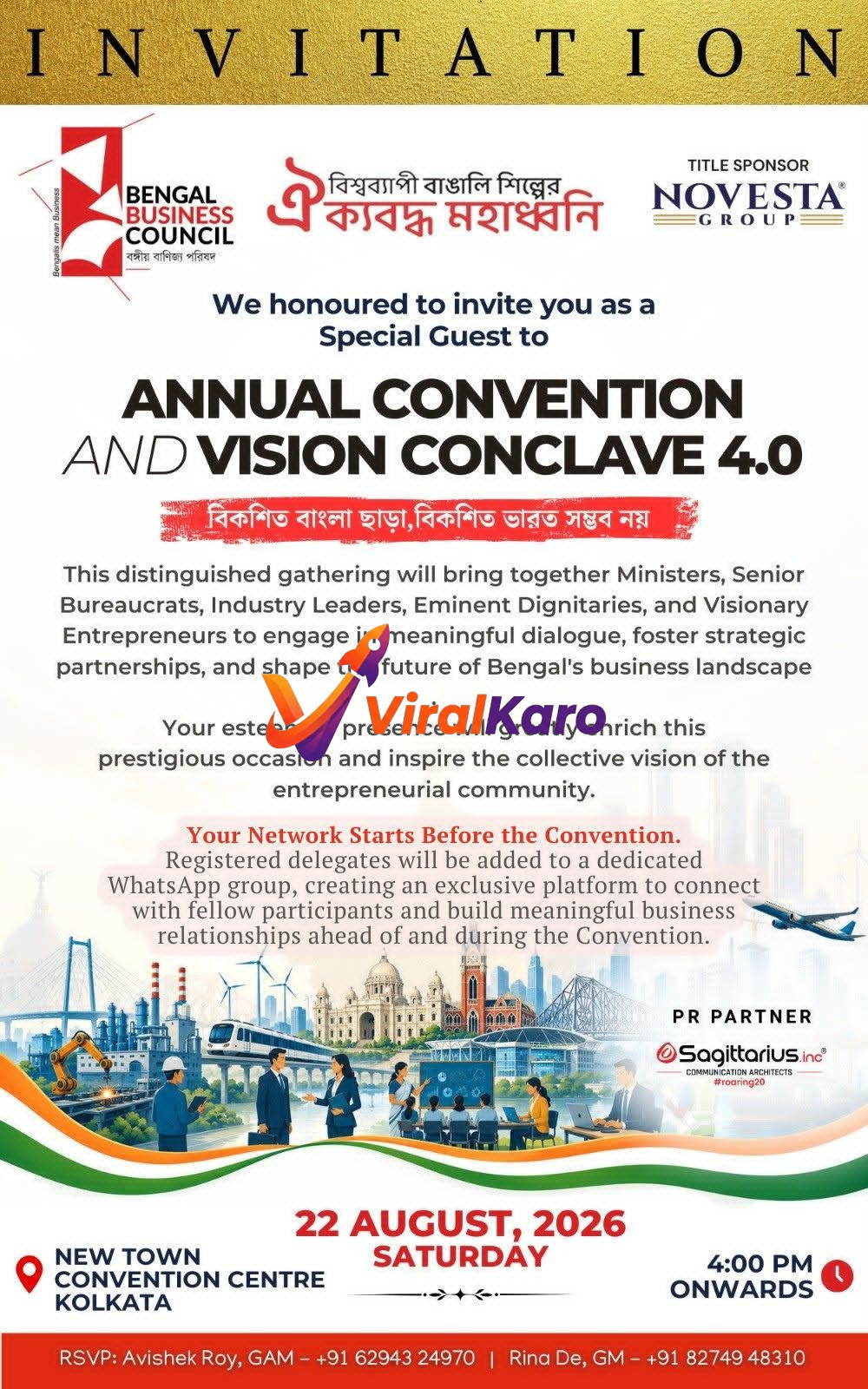 Invitation poster for Bengal Business Council Annual Convention and Vision Conclave 4.0, held at New Town Convention Centre, Kolkata on August 22, 2026.