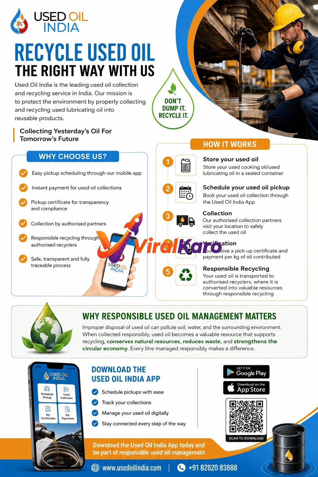Infographic showing the process of used oil recycling in India, featuring the Used Oil India mobile app interface, steps for oil collection, and benefits of responsible waste management.