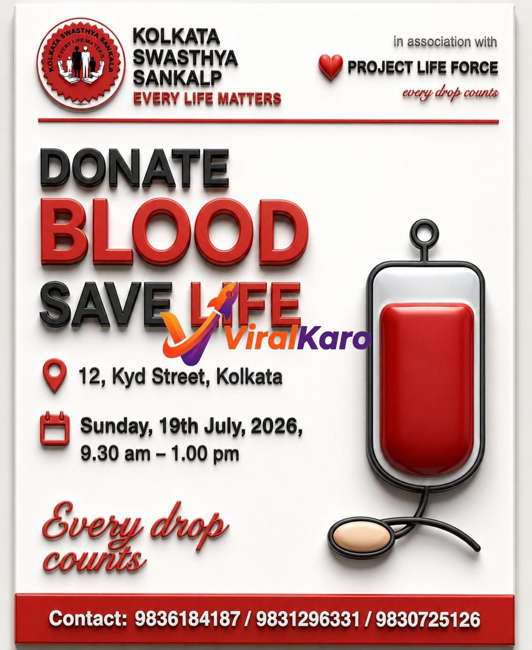 Blood Donation Camp poster by Kolkata Swasthya Sankalp and Project Life Force in Kolkata, featuring a blood bag graphic and event details.