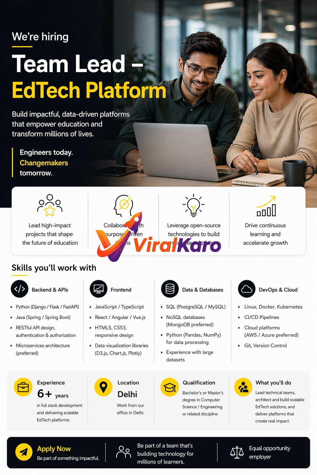 A vibrant job advertisement for a 'Team Lead - EdTech Platform' role, featuring two smiling Indian professionals collaboratively working on a laptop, with text detailing job responsibilities, required skills (Backend, Frontend, Data, DevOps), 6+ years experience, and Delhi location. The ad highlights the mission to empower education and transform lives.