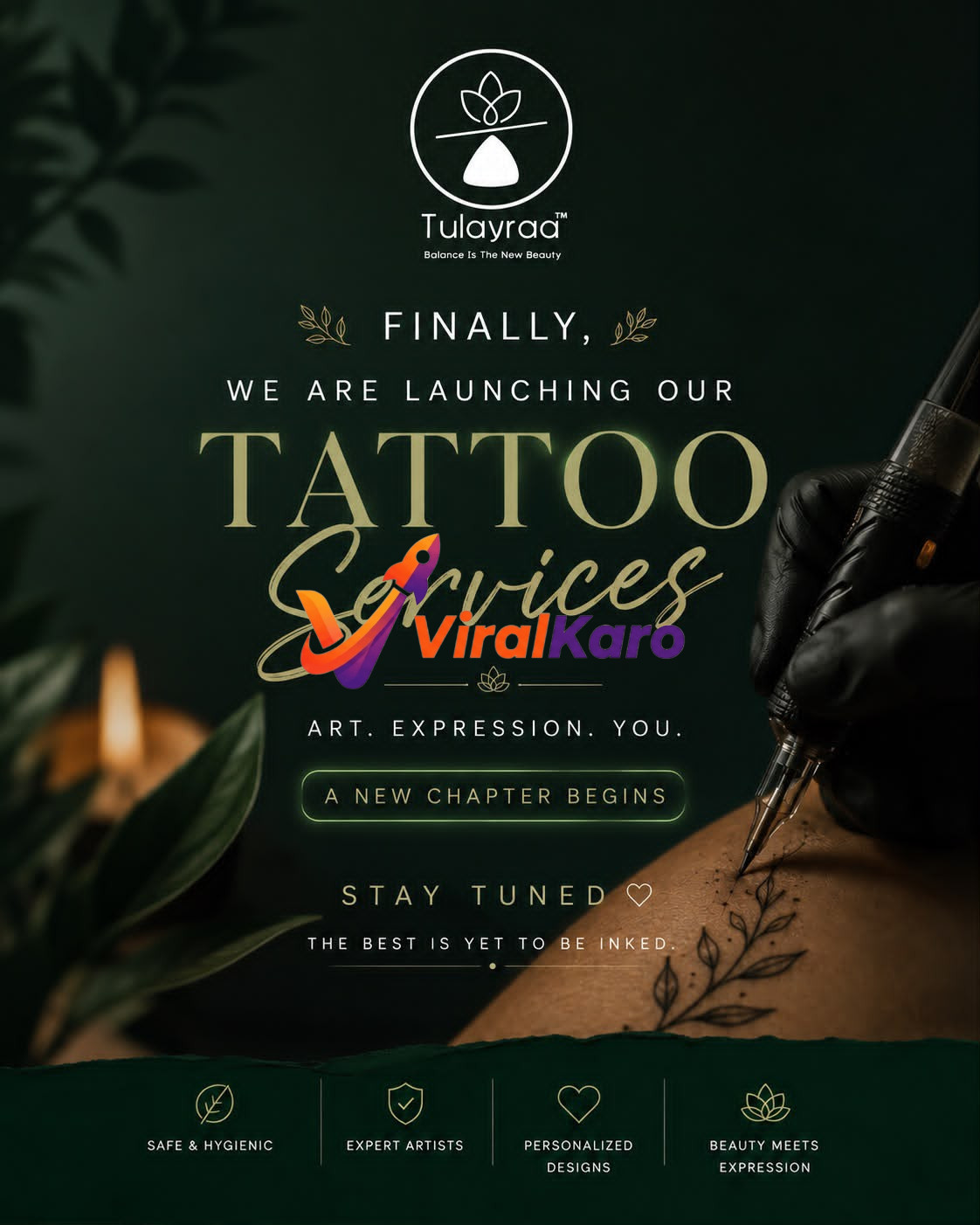 Close up of a professional tattoo artist with black gloves using a tattoo machine to ink a delicate leaf design on a person's skin with Tulayrad branding in the background.