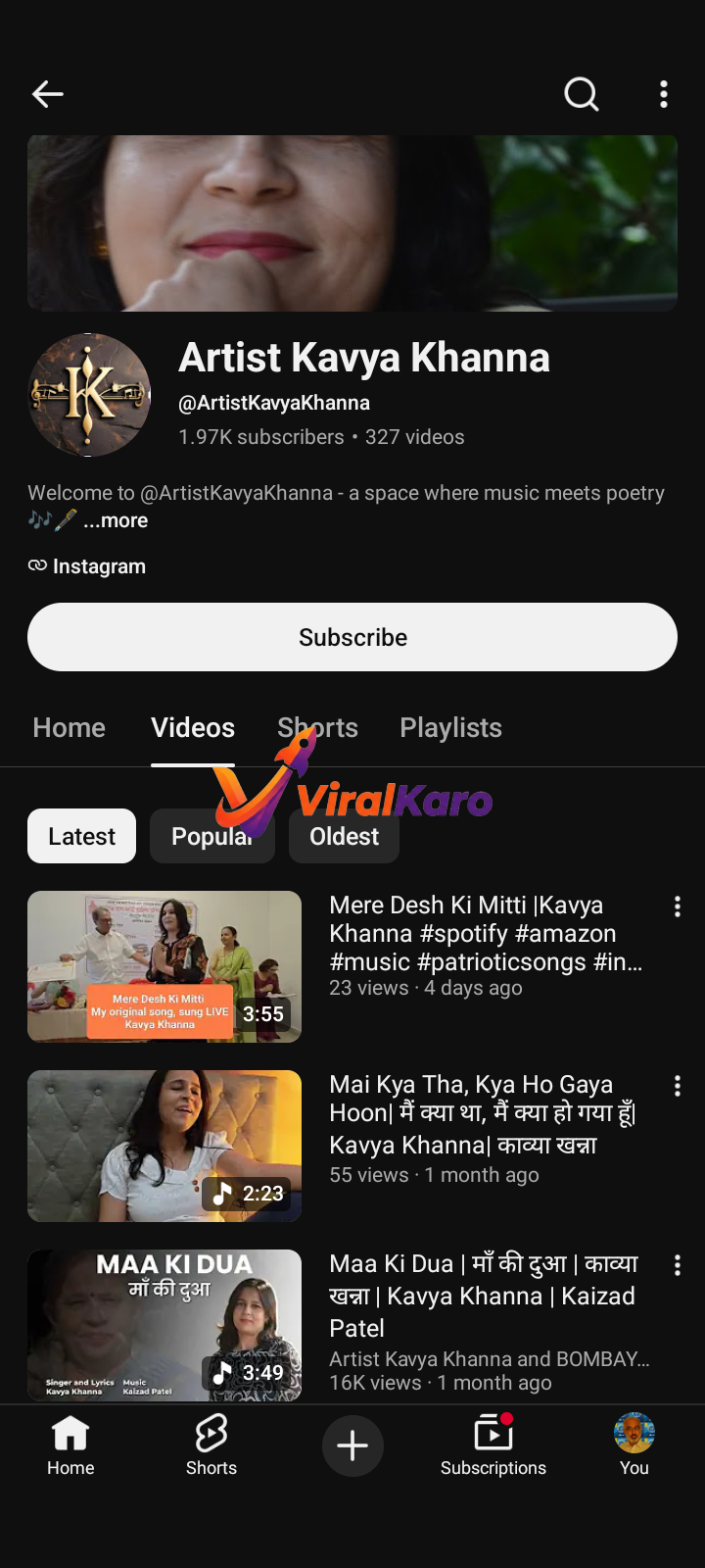 YouTube channel interface for Artist Kavya Khanna showing a list of her latest music videos and poetry songs.