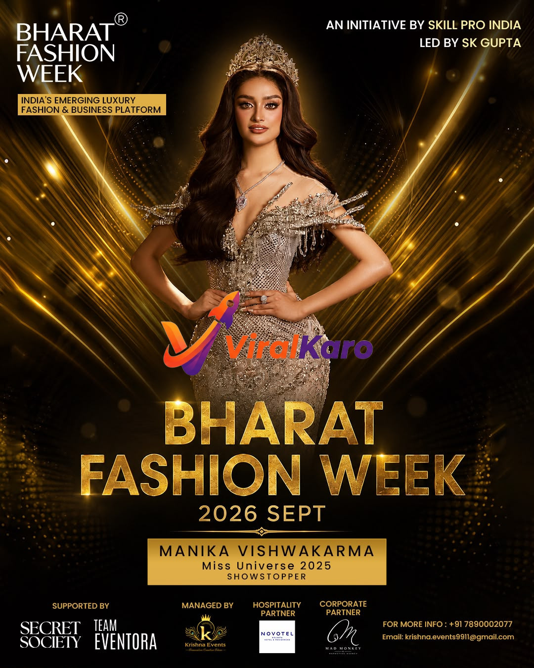 Glamorous promotional poster for Bharat Fashion Week 2026 featuring Miss Universe 2025, Manika Vishwakarma, in a golden sequined gown and crown.
