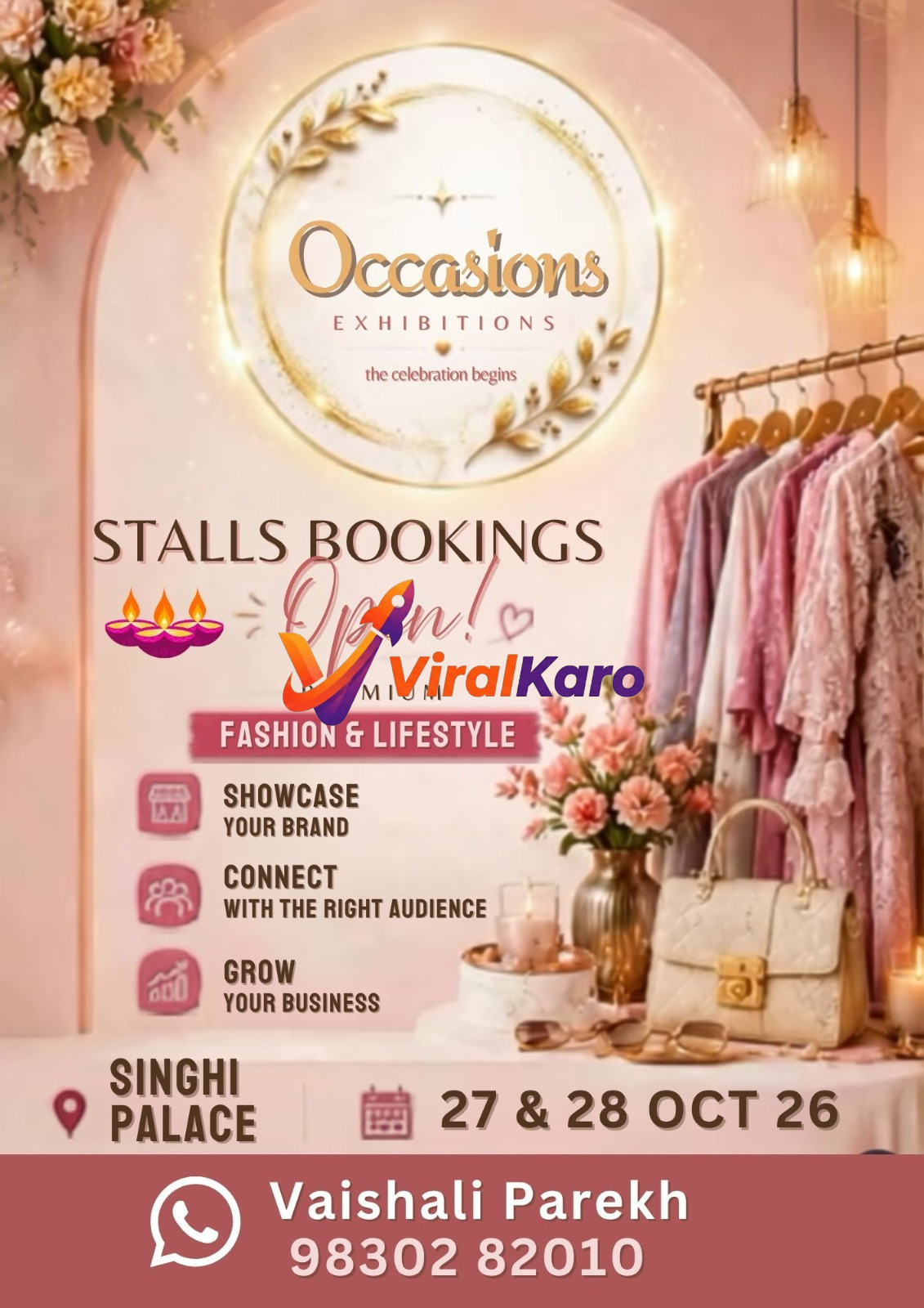 Promotional poster for Occasions Exhibitions, a fashion and lifestyle event at Singhi Palace, announcing open stall bookings for October 27-28, 2026.