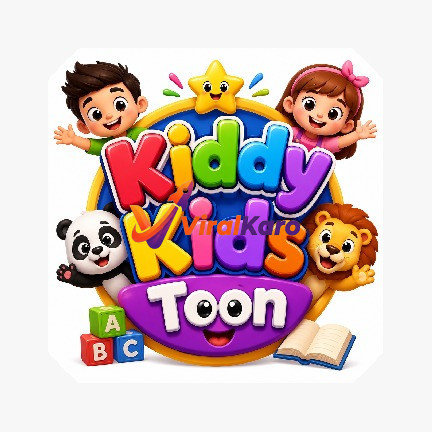 Colorful logo for Kiddy Kids Toon featuring cartoon children, a panda, and a lion, with a bright star and educational alphabet blocks.