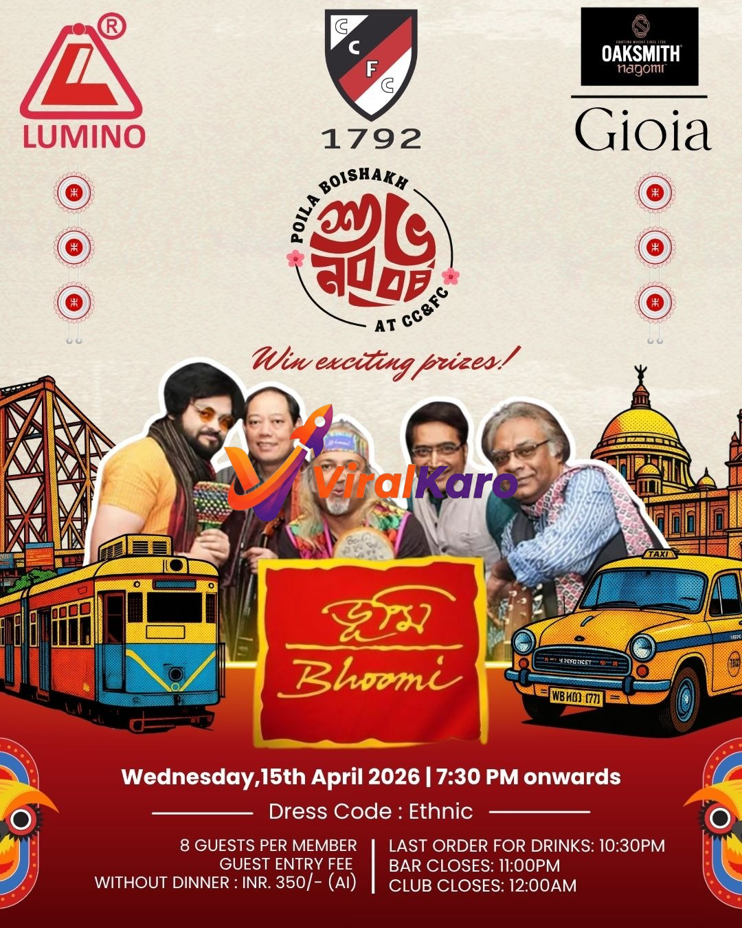 Vibrant poster for Poila Boishakh celebration at Calcutta Cricket & Football Club (CC&FC) in Kolkata, featuring a live performance by the renowned Bengali band Bhoomi. The design incorporates iconic Kolkata landmarks like the yellow taxi, tram, and Howrah Bridge, alongside traditional Bengali motifs. Event details: Wednesday, April 15, 2026, 7:30 PM onwards, with an ethnic dress code and INR 350 entry fee (without dinner).