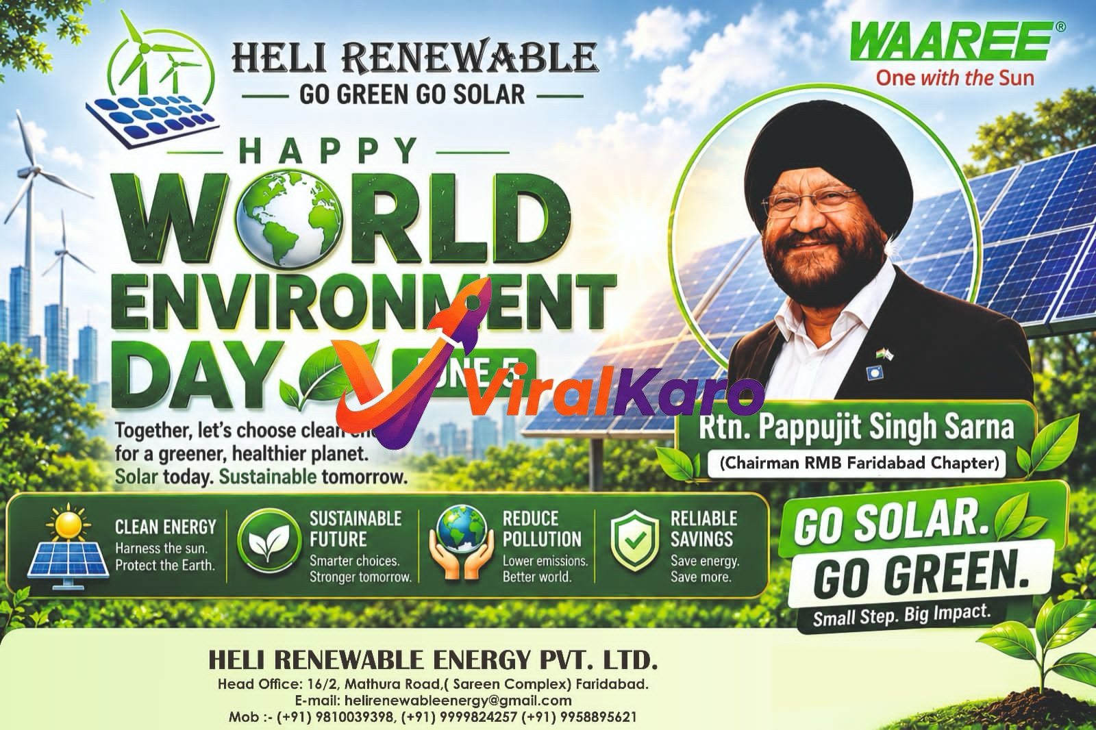 Promotional graphic for Heli Renewable Energy Pvt. Ltd. celebrating Happy World Environment Day on June 5. Features Rtn. Pappujit Singh Sarna, Chairman RMB Faridabad Chapter, against a backdrop of solar panels and wind turbines. The image highlights benefits like clean energy, sustainable future, reduced pollution, and reliable savings. Text encourages 'Go Solar. Go Green. Small Step. Big Impact.' Company contact details for Faridabad are visible.