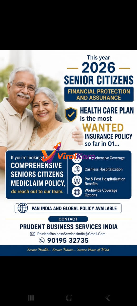 An elderly Indian couple smiling, promoting a 2026 Senior Citizen Mediclaim health insurance policy by Prudent Business Services India.