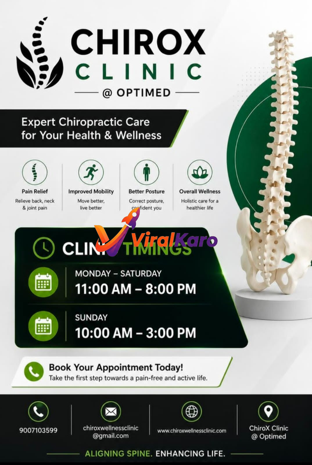 Professional chiropractic services offered at ChiroX Clinic @ Optimed, featuring a spine model and clinic operational hours for patients.