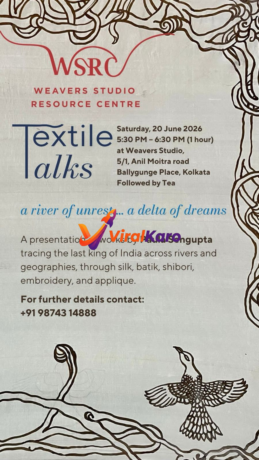 Flyer for Textile Talks at Weavers Studio Resource Centre, featuring an artistic bird illustration and details about the 20 June 2026 event in Kolkata.
