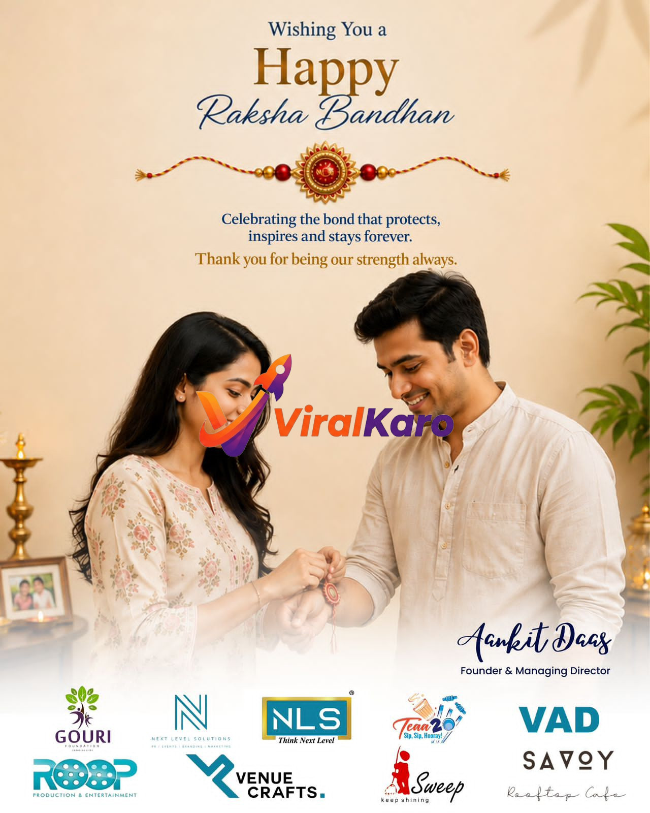 A brother and sister celebrating Raksha Bandhan with a traditional ritual, featuring branding from Gouri Foundation and partners.