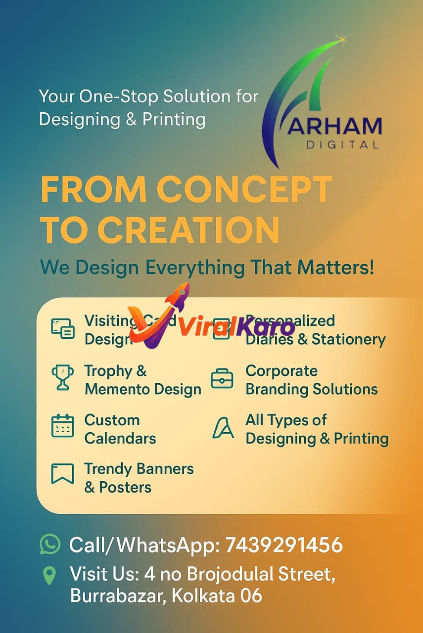 Advertisement for Arham Digital in Kolkata, showcasing design and printing services including business cards, trophies, calendars, and banners.