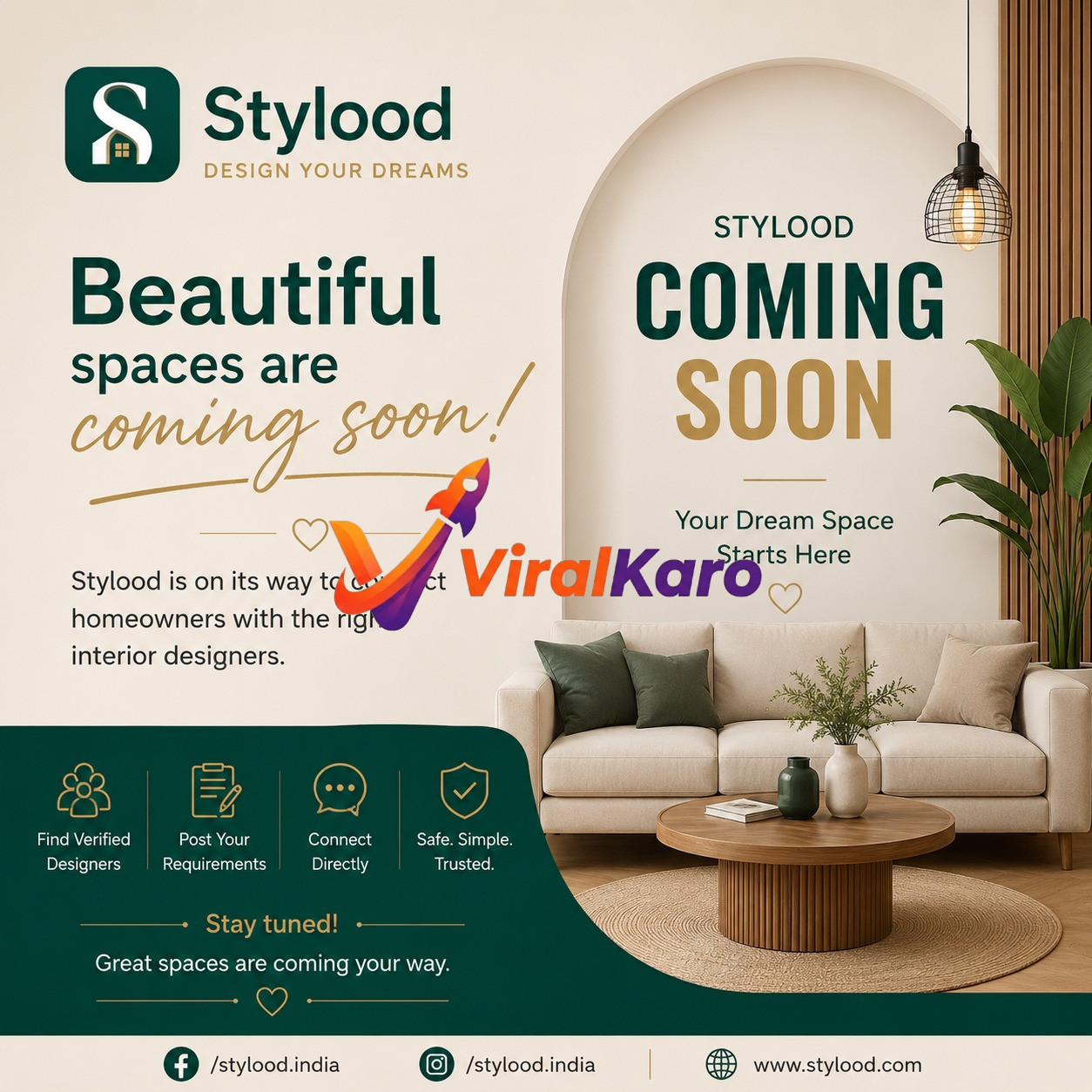 Stylood brand announcement showing a modern minimalist living room with a white sofa and circular wooden table, indicating a platform launch for interior design services.