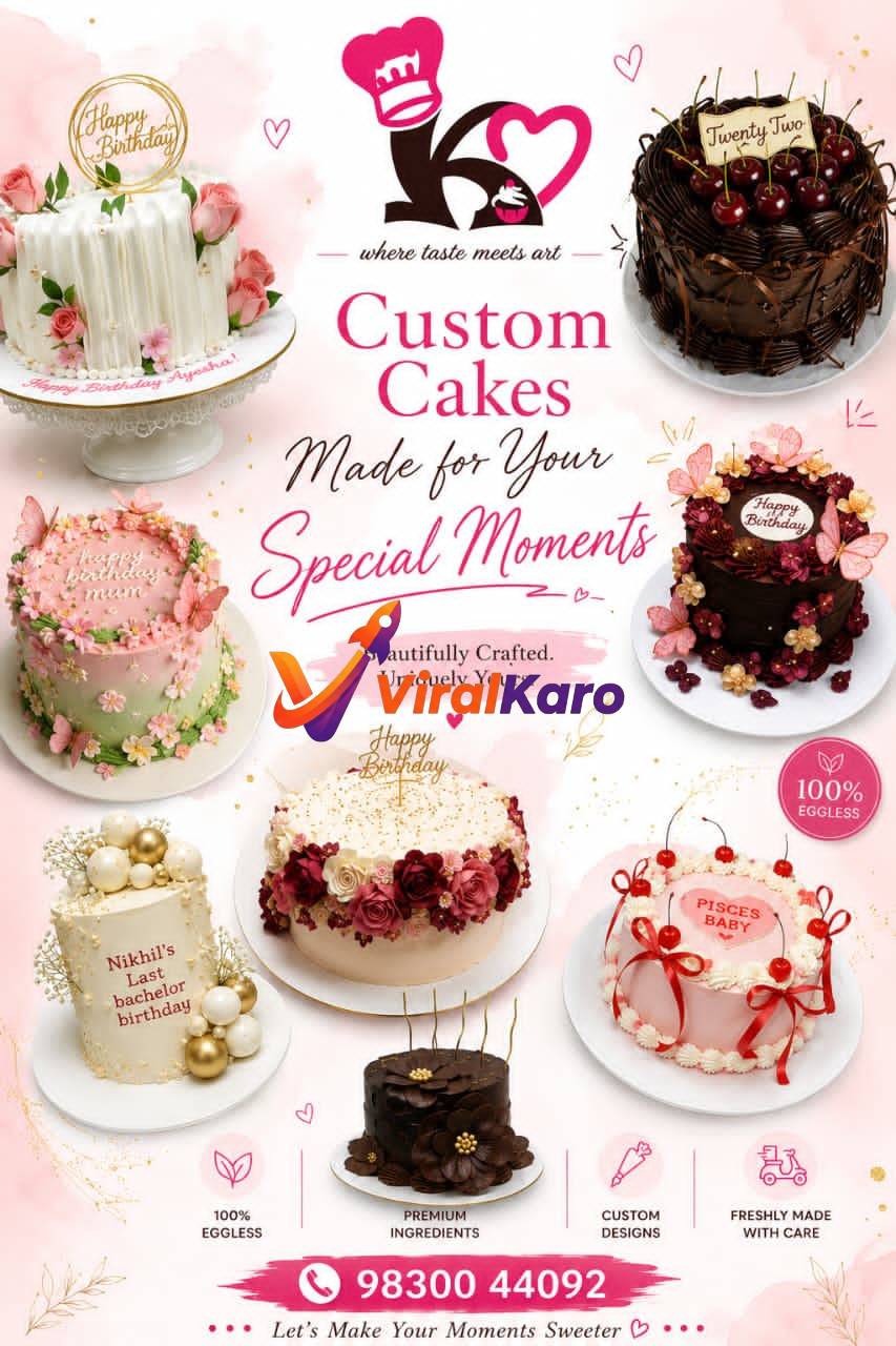 A collage of various custom-decorated birthday and celebration cakes, featuring 100% eggless options and aesthetic floral and chocolate designs from K-Where Taste Meets Art.