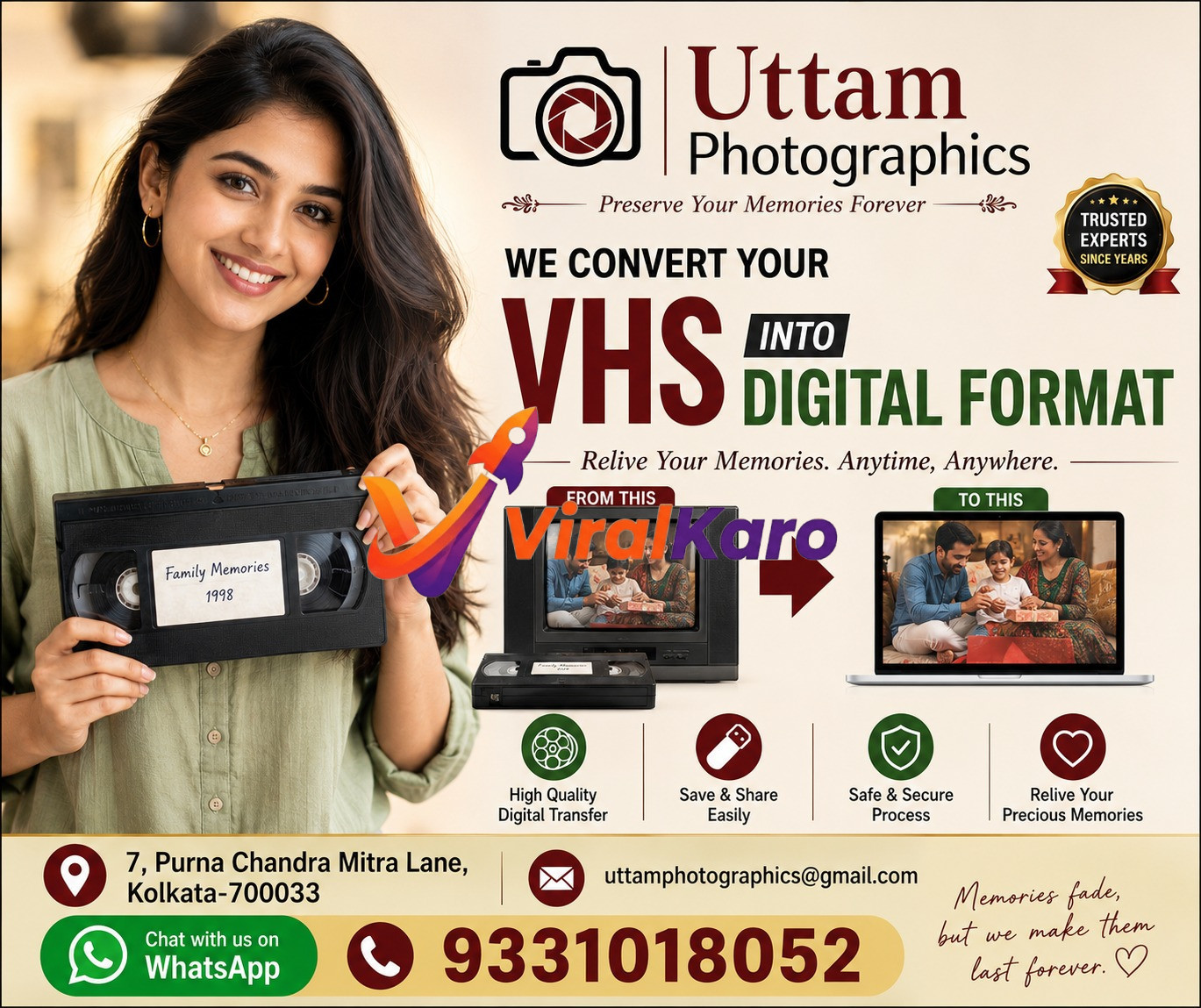 A smiling woman holding a vintage VHS tape labeled Family Memories 1998, with an advertisement for Uttam Photographics VHS to digital conversion services in Kolkata.